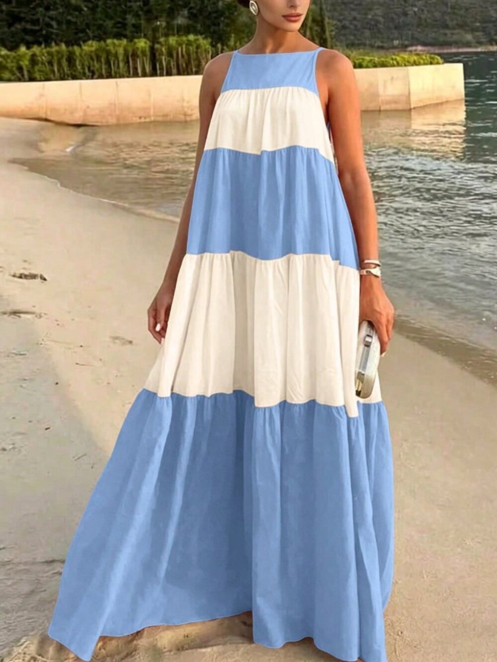 blue stripe Casual Women's Colorblock maxi dress